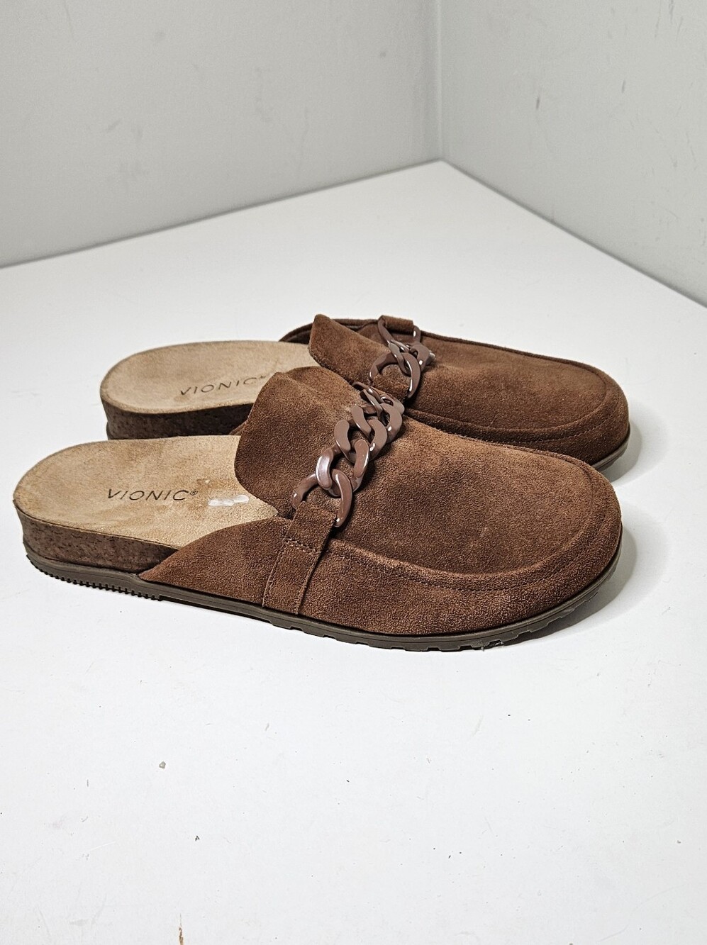 Vionic Georgie Brown Suede Mules Slip On  Cork Sole Shoes 11 Women's